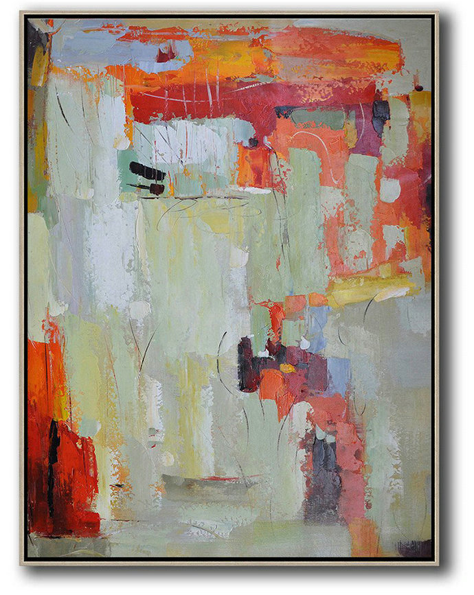 Abstract Painting Extra Large Canvas Art,Vertical Palette Knife Contemporary Art,Canvas Paintings For Sale Red,Light Green,Grey